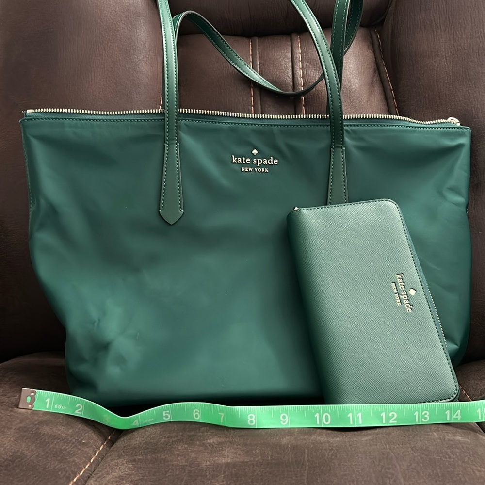 Kate Spade Kitty Large tote in forest green with matching wallet